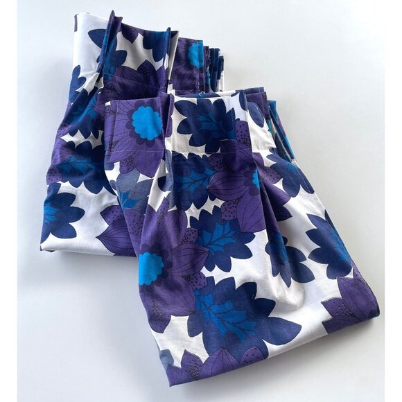 Vintage 70s pleated curtains, floral purple blue flower power, pair of panels - Picture 9 of 10
